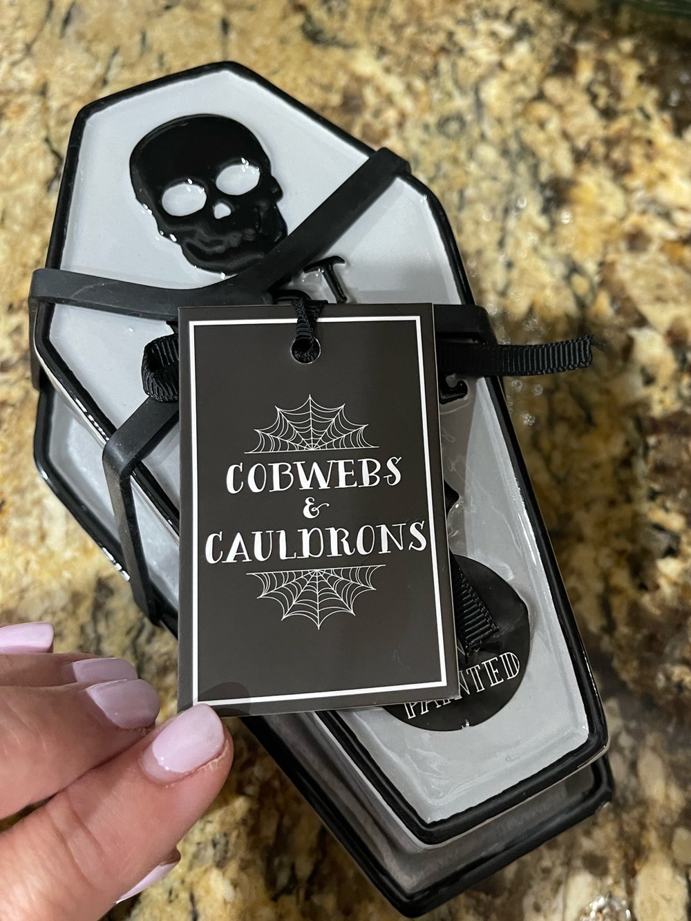 Cobwebs and Cauldrons grey black coffin covered butter dish REST IN GREASE …NEW - Picture 3 of 4